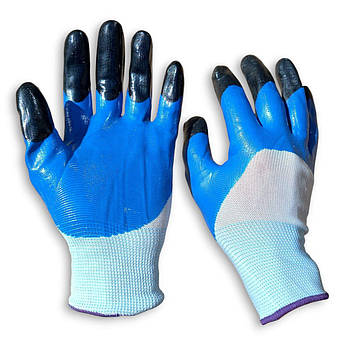 Рукавички робочі біла із синьо-чорним нітриловим покриттям