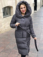 Пальто женское пуховое FineBabyCat 186-grey с капюшоном L XL