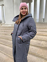 Пуховик женский длинный Delfy 19-10-D5 серый с капюшоном 4XL 5XL