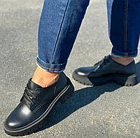 Стильные женские туфли броги натуральная кожа шнуровка цвет черный размер 37 (24 см) (42904)