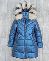 Зимова подовжена куртка — пальто з трендової плащової тканини «Жемчужина» синя з білим хутром