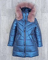 Зимова подовжена куртка — пальто з трендової плащової тканини «Жемчужина» синя з рожевим хутром