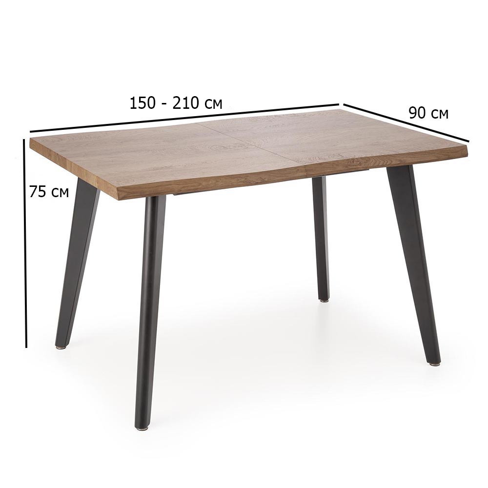 Розкладний стіл зі шпону дуб натуральний Dickson-2 150-210х90 см на чорних металевих ніжках для кухні