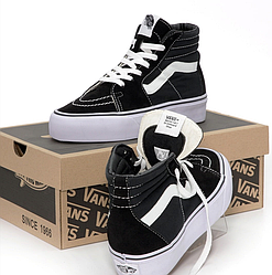 Високі кеди жіночі Vans SK8-Hi Platform 2 0 Ванс СК-8 на високій підошві платформі чорно білі текстиль замш