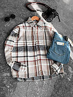Мужская теплая рубашка в клетку (белая с коричневым) байковая уютная комфортная осенне-зимняя одежда sr176