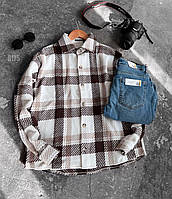 Мужская теплая рубашка в клетку (белая с коричневым) байковая уютная комфортная осенне-зимняя одежда sr175