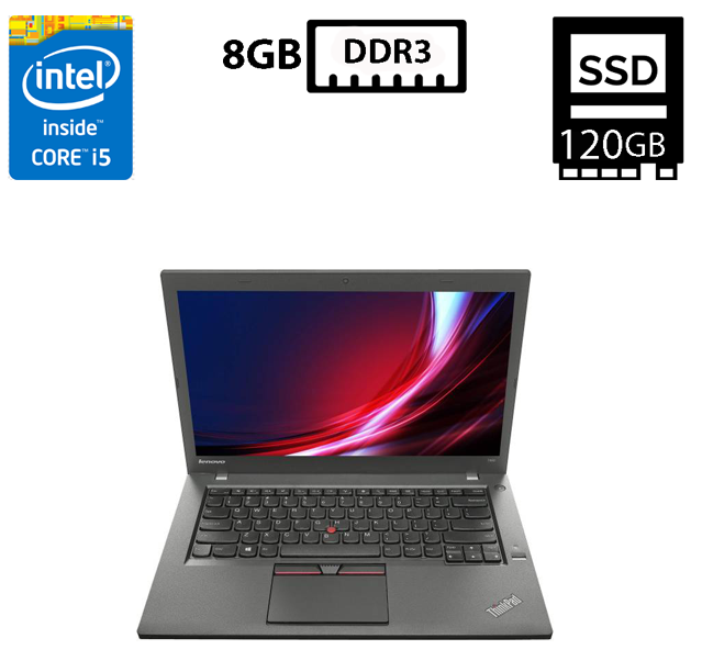 Ноутбук Lenovo ThinkPad T450/14"TN 1366x768/Core i5-5200U 2.20GHz/8GB DDR3/SSD 120GB/Intel HD Graphics Б/В