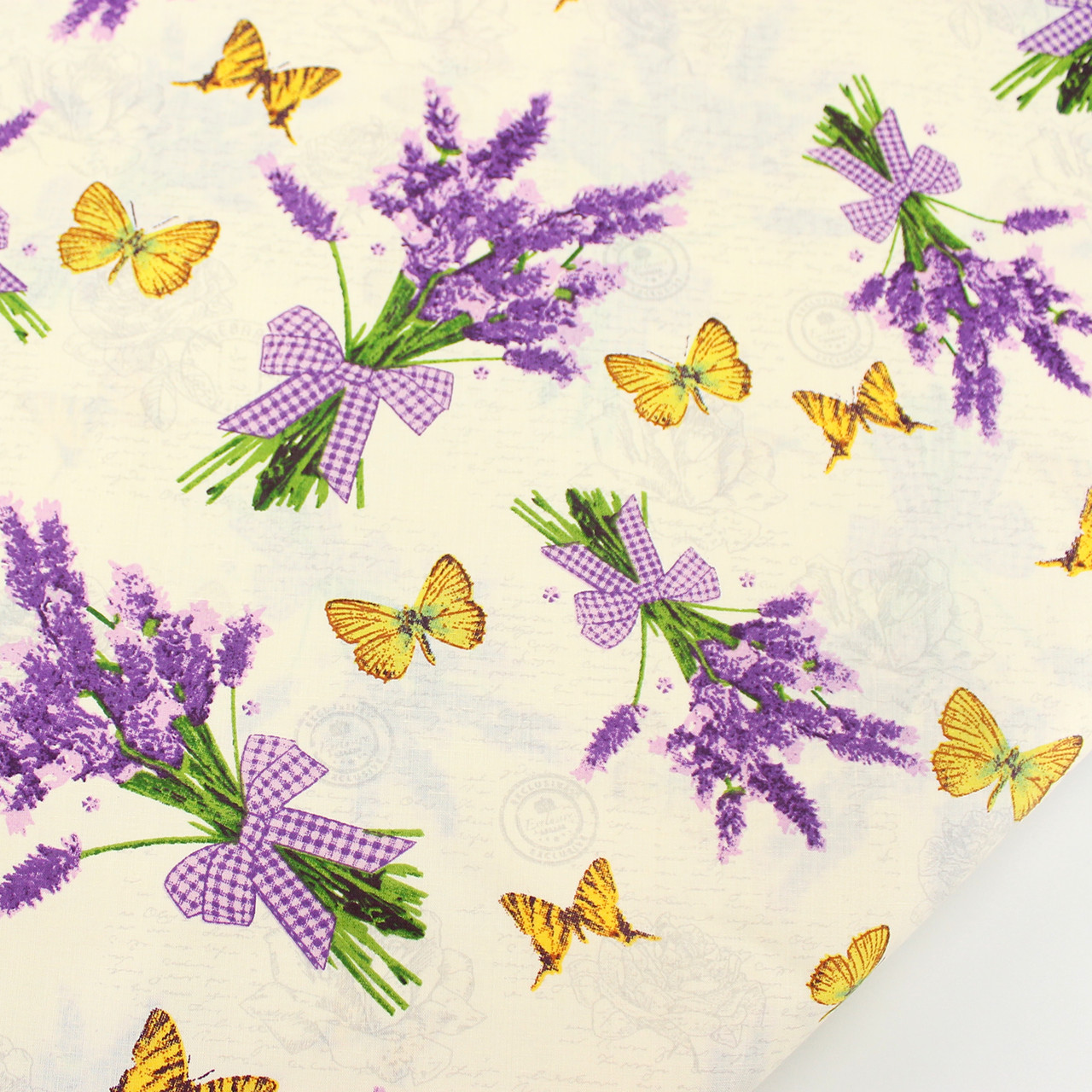 Тканина бязь "Букети лаванди та жовті метелики" на кремовому тлі № 984, фото 1
