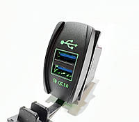 USB зарядка в авто врезная на 2 USB, QC3.0 быстрая зарядка в панель автомобиля, зеленая подсветка