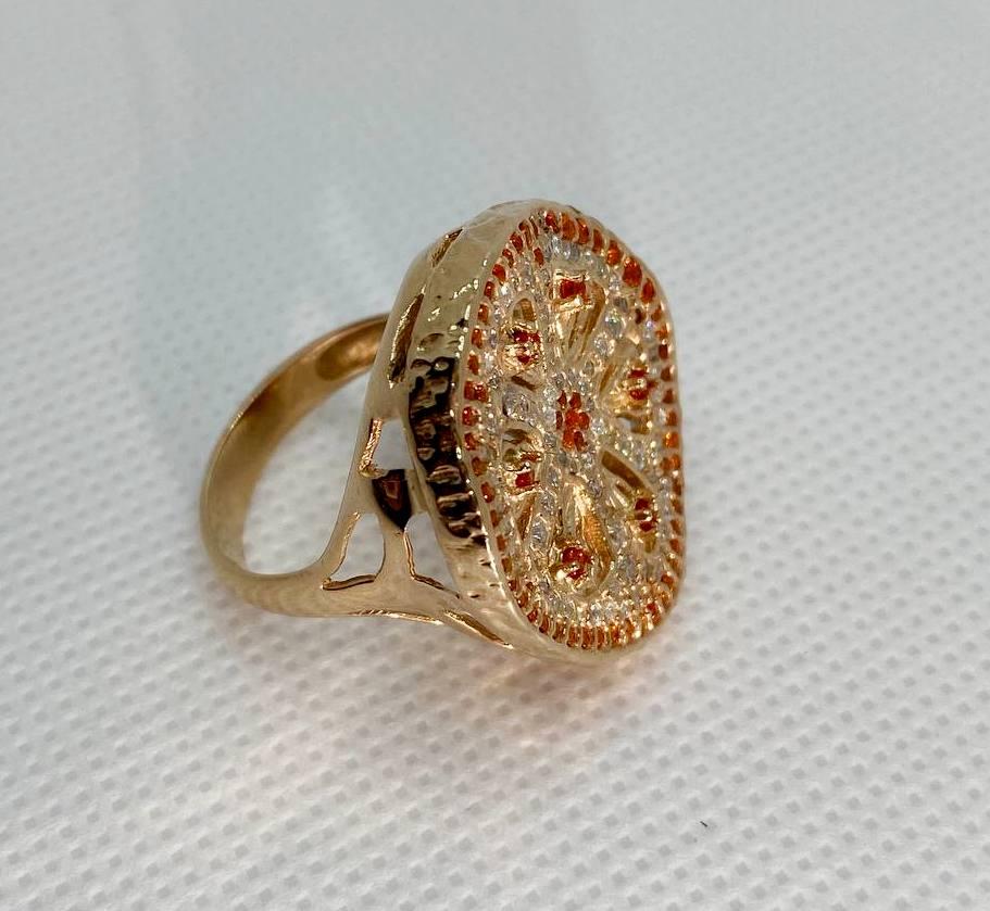 Масивна каблучка з червоною позолотою та фіанітами "Апельсинчик" Каблучка у вигляді апельсина позолочена, фото 1