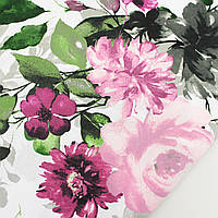 Ткань бязь "Большие акварельные цветы" сиреневых и розовых оттенков на белом фоне № 2042