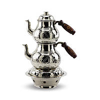 Турецкий двойной чайник 1.9л с нагревателем, набор 2-х турецких чайников медных никелированных + нагреватель