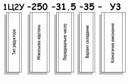 Приклад умовного позначення редуктора 1Ц2У-250
