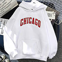 Тёплое женское худи с надписью "Chicago" на мягкой флисовой подкладке Белый