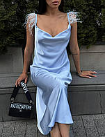 Шикарное платье миди Камилла 02 женское из шелка со страусиными перьями на плечах Smdi7514