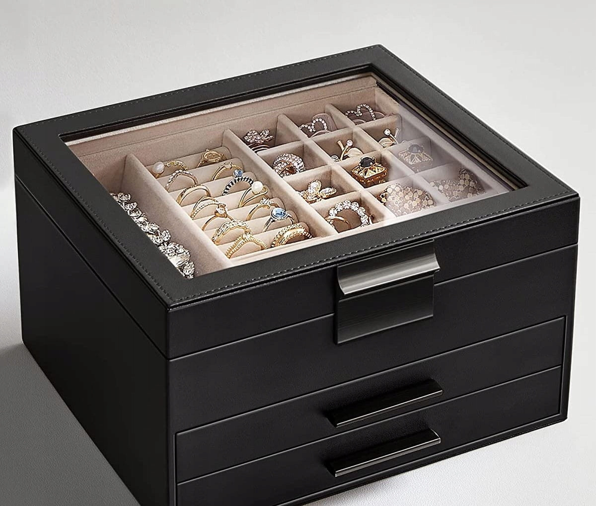 Шкатулка для украшений со стеклянной крышкой Черная М-1, фото 1