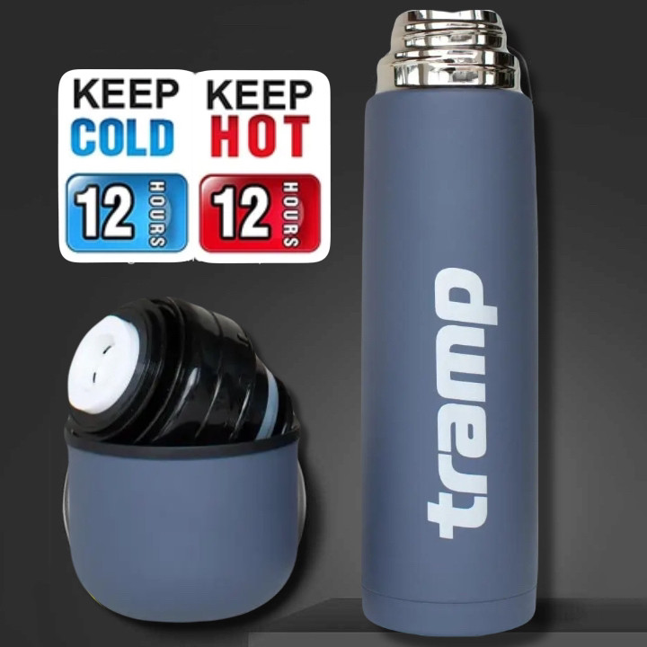 Термос Tramp Basic серый 0,75 л (металлический термос с кнопкой покрытый силиконом серый), фото 1