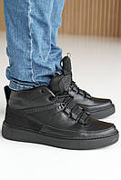 Чоловічі черевики кросівки стильні зимові з натуральної шкіри чорного кольору на шнурках на хутрі