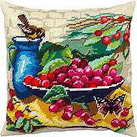 Набір для вишивання декоративної подушки Чарівниця Горобець біля миски з черешнею 40×40 см V KT, код: 7243265