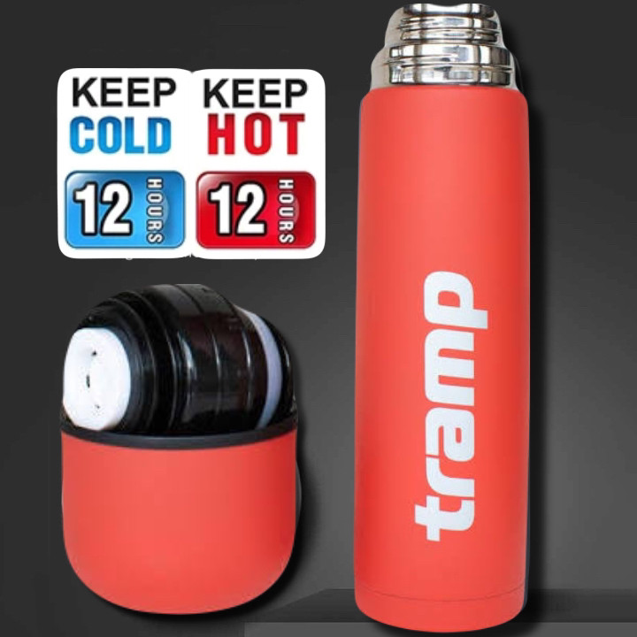 Термос Tramp Basic красный 0,5л (металлический термос с кнопкой покрытый силиконом красный), фото 1