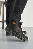Чоловічі черевики кросівки стильні зимові з натуральної шкіри чорного кольору на шнурках на хутрі