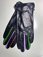 Перчатки женские кожаные из натуральной лайковой кожи чёрные с цветными вставками без подкладки