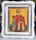 Ікона Віра Надія Любов і мати Софія в білому дерев'яному фігурному кіоті під склом,розмір кіота24×21,лік 15×18, фото 3