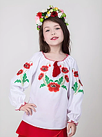 Вышитая блузка с маками в украинском стиле Маричка, белая, хлопок, длинный рукав, на девочку 4,5,6,7,8,9 лет