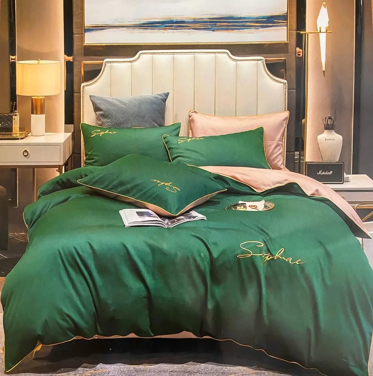 Постільна білизна сімейна зелена Креп Сатин з вишивкою Crown, фото 1