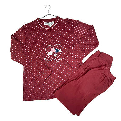 Жіноча затишна піжама, червоного кольору в горошок кофта + штани, напівбатал, No 211, (р.46-54)
