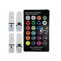 Автолампи габаритів кольорові ходові вогні RGB LED T10 W5W з пультом ДК 4 шт