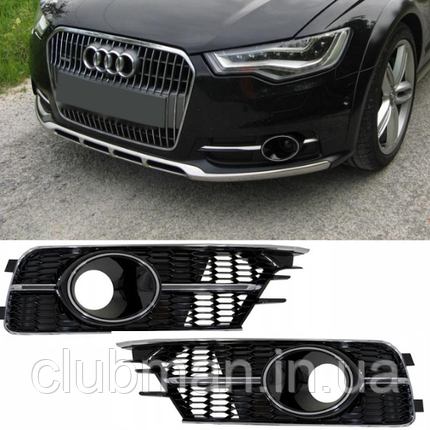 Решітка в бампер AUDI (Ауді) A6 С7.5 (2015-2018) Чорна глянцева, хром обідок та ребро, стиль RS6, фото 1