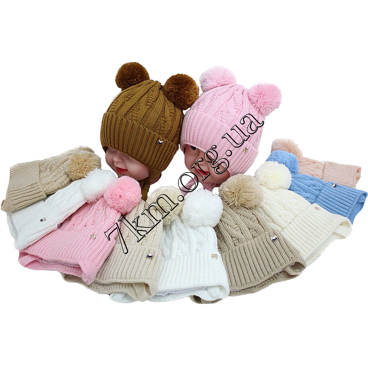 Шапка дитяча в'язана на зав'язках + кулірка Оптом для хлопчиків та дівчаток 44-46 р.н. "Єнот+Бантік" 3472, фото 1