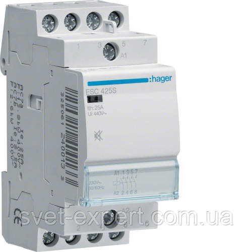 Контактор безшумний 25A Hager ESC425S, 4НВ, 230В