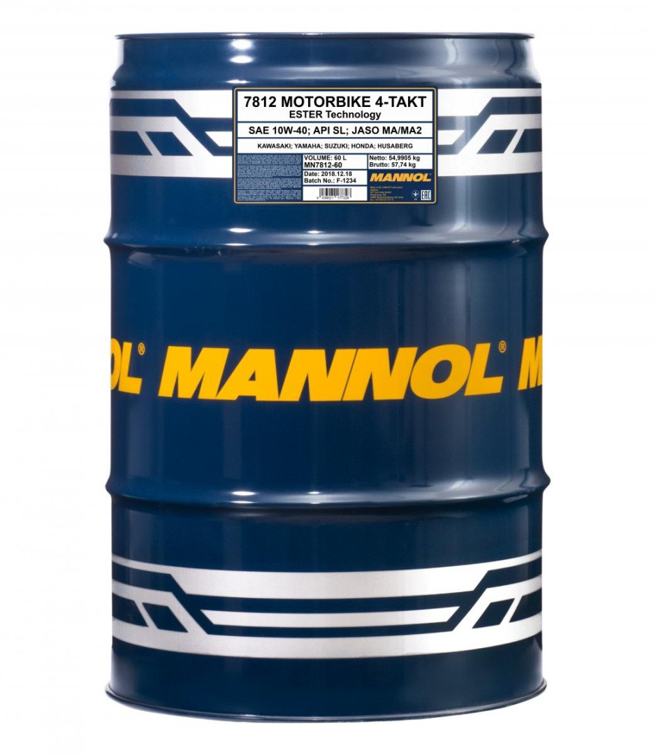 Моторна олива Mannol 4T Motorbike Engine 10W40 Ester+MA2 синтетична (7812) (API SN) бочка 60Л