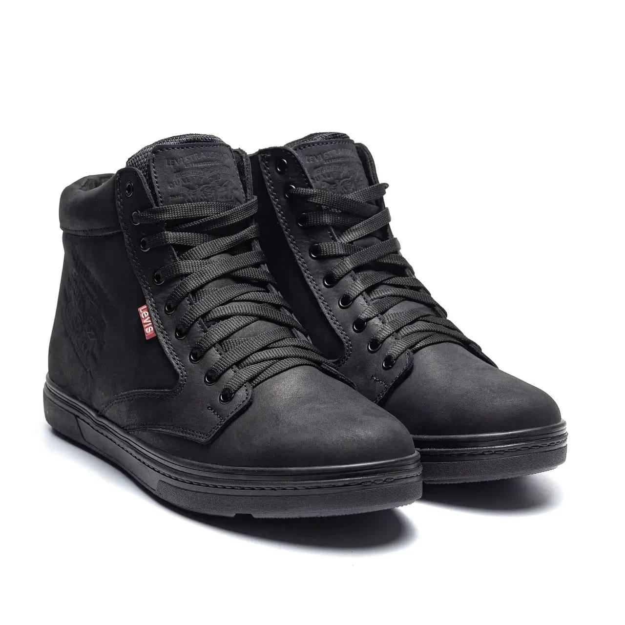 Чоловічі зимові шкіряні черевики чорні з хутром Levis Black Classic