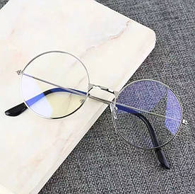 Окуляри для роботи за комп'ютером Круглі в сірій оправі з чохлом і серветкою