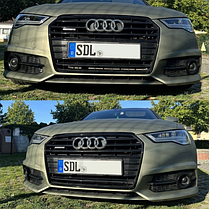 Решітка в бампер AUDI (Ауді) A6 С7.5 (2015-2018) Чорна матова, глянцевий обідок та ребро, стиль RS6, фото 4
