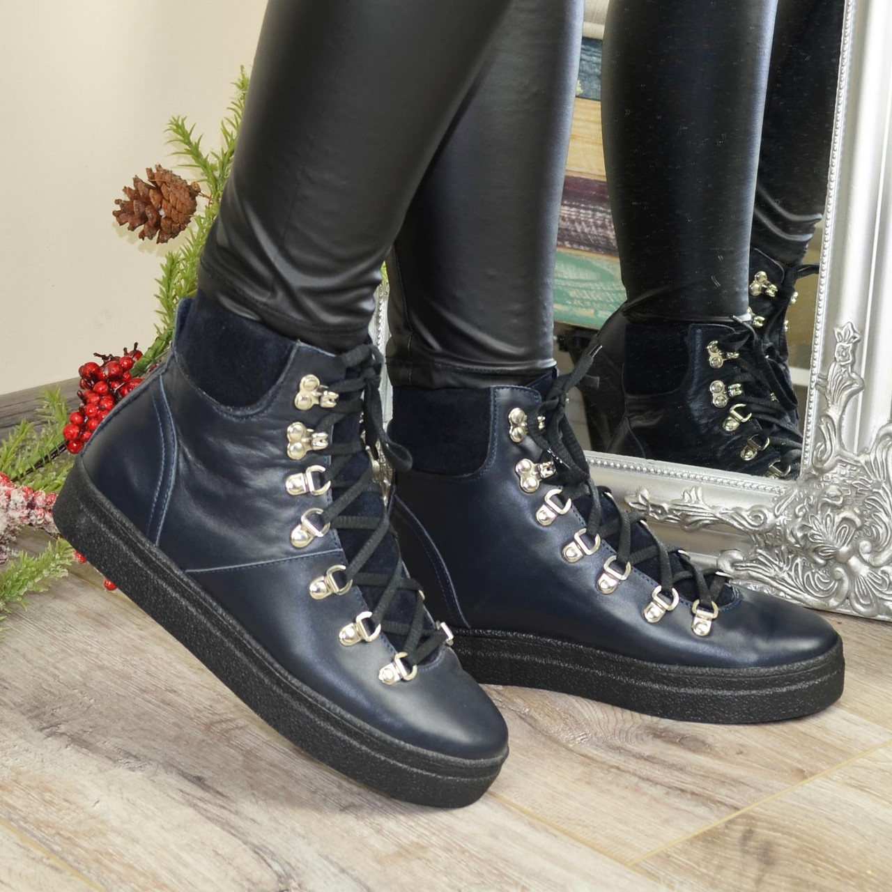 Сині жіночі черевики на товстій підошві, натуральна шкіра і замша, фото 1