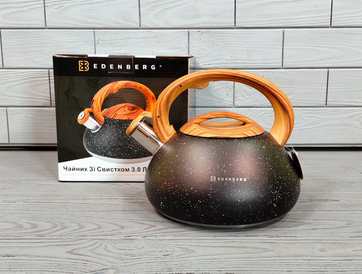 Чайник зі свистком із неіржавкої сталі 3 л Edenberg EB-8802/ Чайник для плити Чорний, фото 1