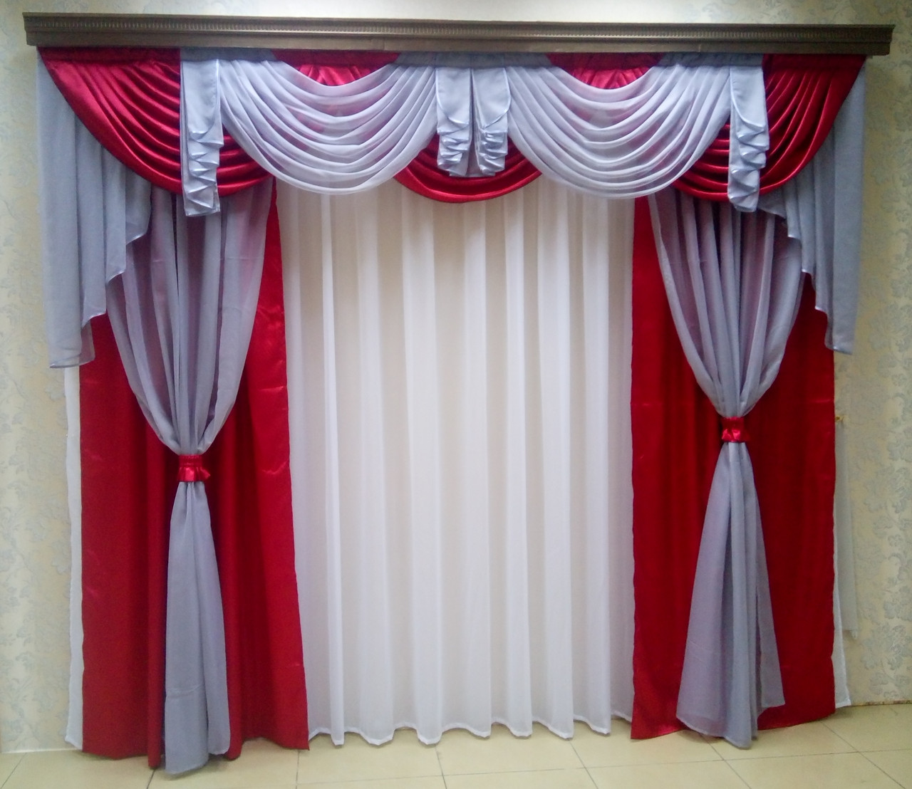 Комплект штор "Посейдон" + Ламбрекен + тюль (Бордо+Сірий)