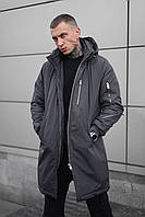 Мужская стильная зимняя тёплая курточка парка серого цвета топ качества BLCK7011