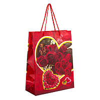Сумочка подарункова пластикова з ручками Gift bag Серця та троянди 23х18х7.5 см Червоний (27350) FG, код: 7772588