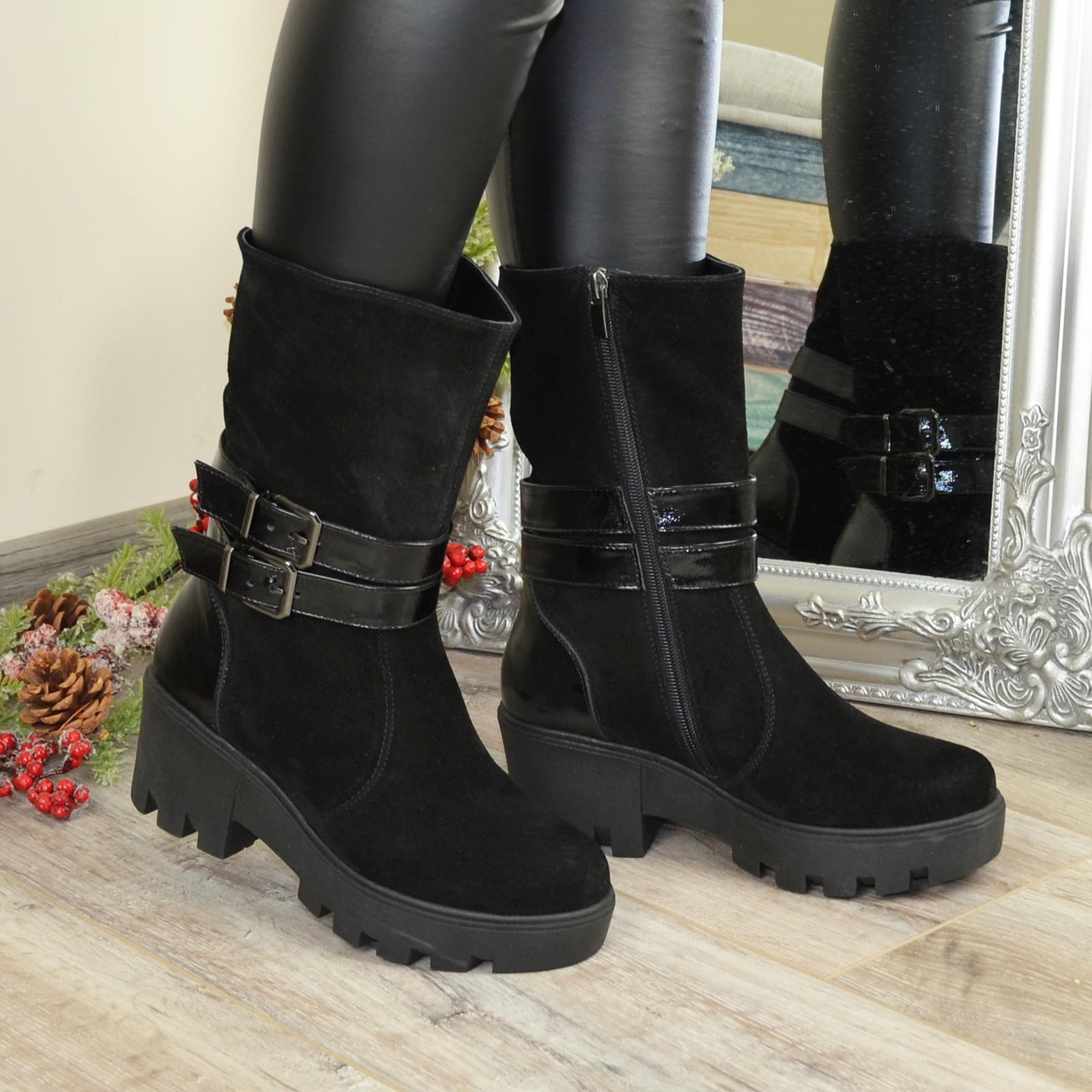 Черевики жіночі на товстій підошві, натуральна замша/лак, фото 1