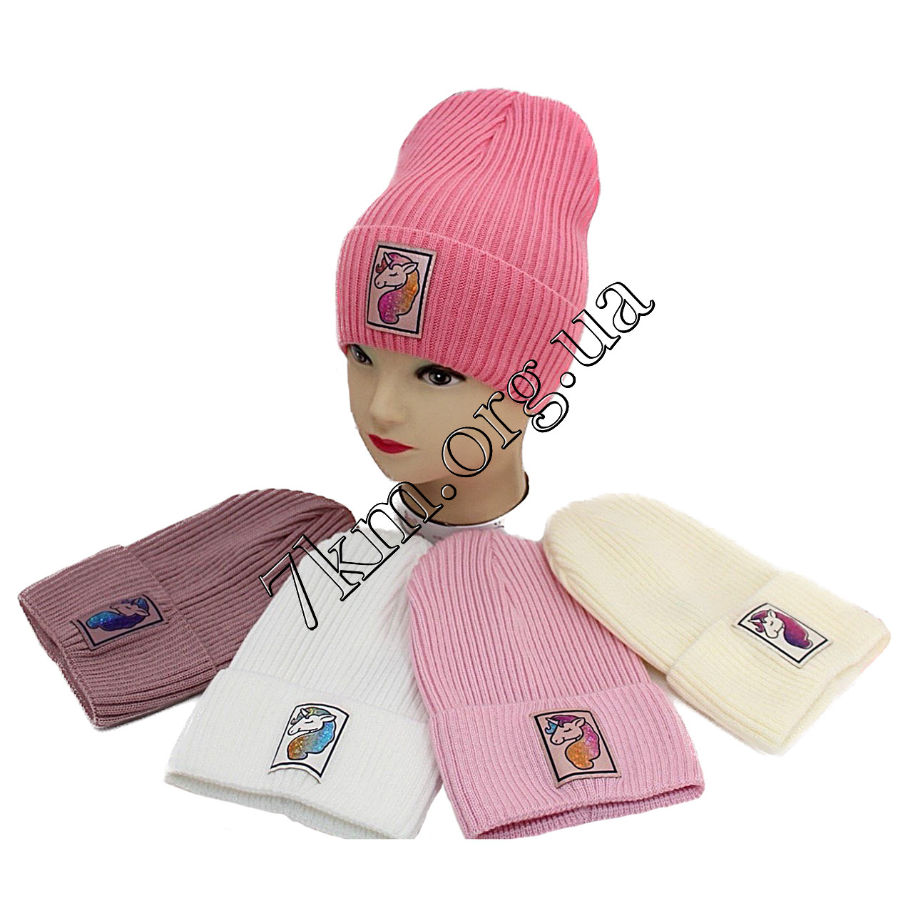 Шапка дитяча в'язка Оптом для дівчаток 48-50 р.р. "Єдиноріжок" 3090, фото 1