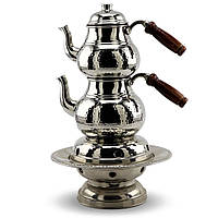 Турецкий двойной чайник 1.9л с нагревателем, набор 2-х турецких чайников никелированных кованых + нагреватель