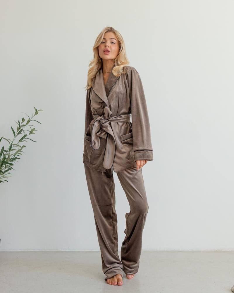 Костюм домашній Eva для сну тепла велюрова піжама-двійка на запах для дому норма та великі розміри, фото 1