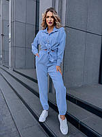 Женский брючный прогулочный костюм-двойка из микровельвета: Штаны и Рубашка на кнопках Цвет Голубой M