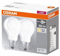 Лампа OSRAM 2x1 BASE CL A60 7,2 W/827 230V FR E27 full glass матова