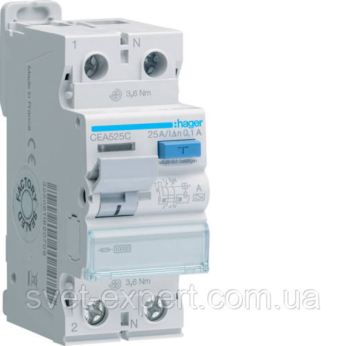Діфреле (УЗО) Hager CEA525C - 2 полюси 10kA 25A 100mA A, фото 1